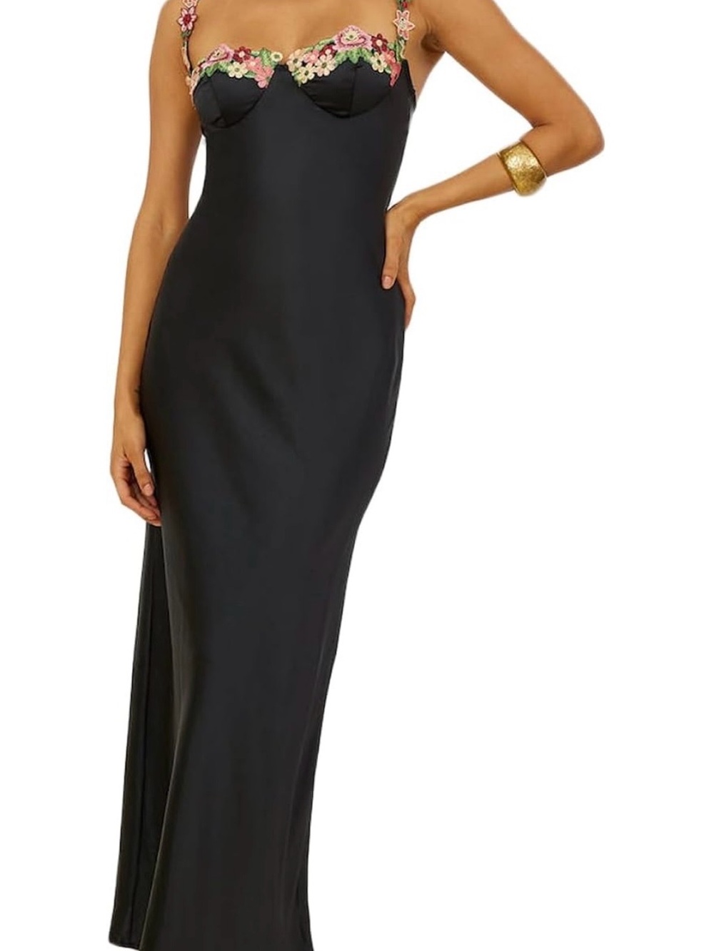Black Maxi Dress with Floral Embroidered Bust and Spaghetti Straps